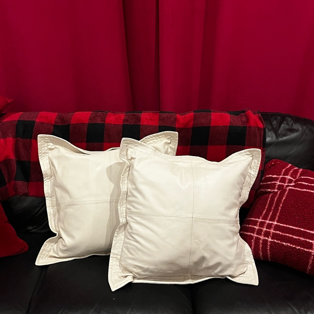 Polo Ralph Lauren Mercer Street Cream Leather Throw Pillow Covers x 2 - 20”x20”